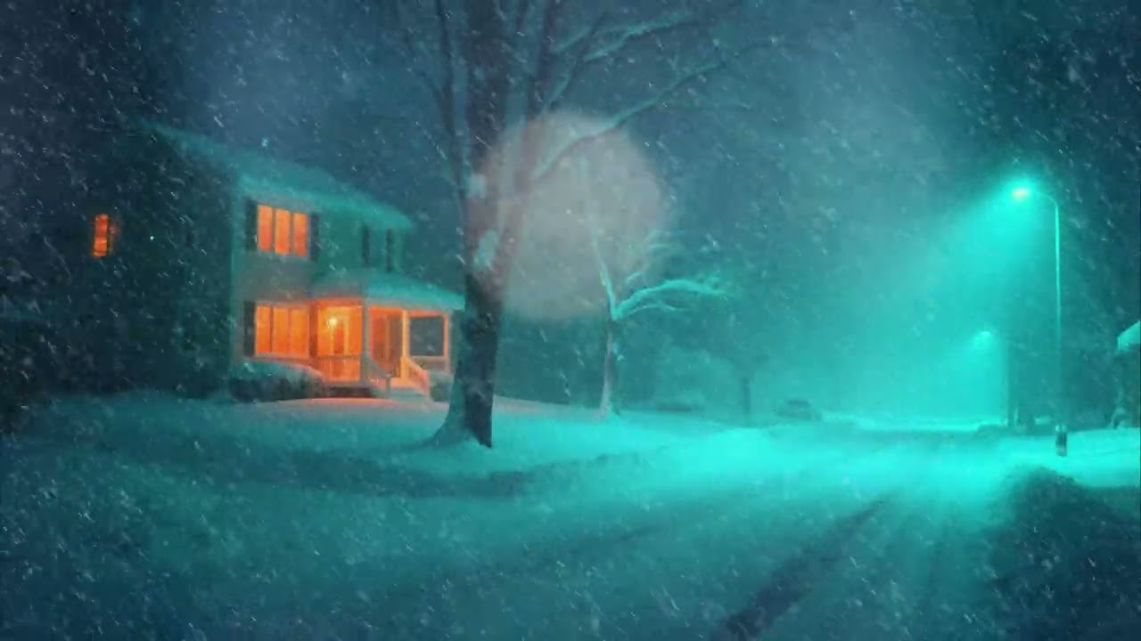 A quiet suburban neighborhood at night in deep winter night | Extreme Snow Storm