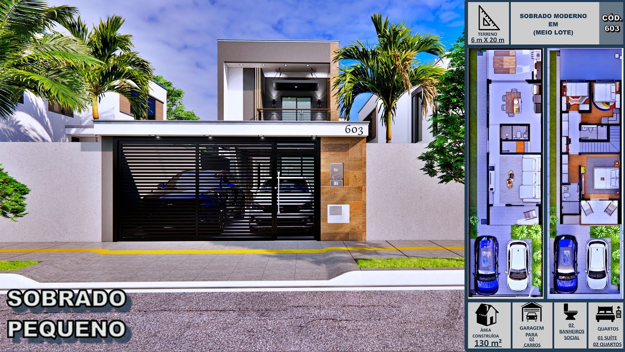 Sobrado Moderno em Terreno 6x20m– Projeto Inteligente! – Planta com 3 Quartos.