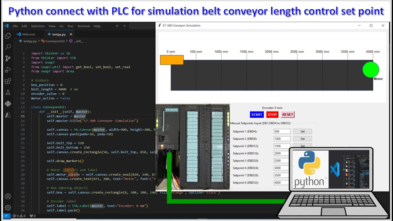 Python connected with PLC S7-300 for control belt conveyors animation length control