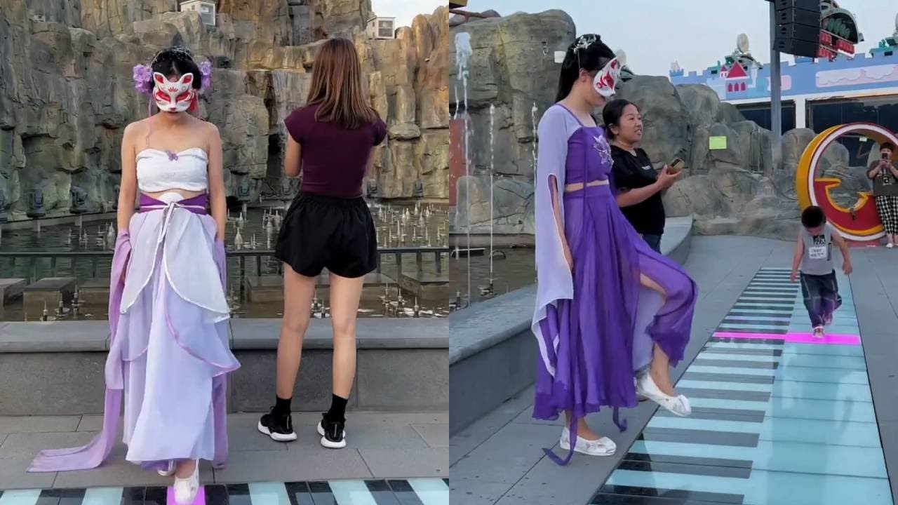 脚踩钢琴挑战，不仅能弹出声音，踩得越快喷泉喷的就越高！【猫猫小可爱】