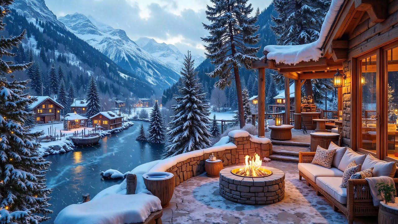 Winter Riverside Cabin in Snowy Forest ❄️🔥Piano with Music Crackling Fire Pit & Gentle Flowing River