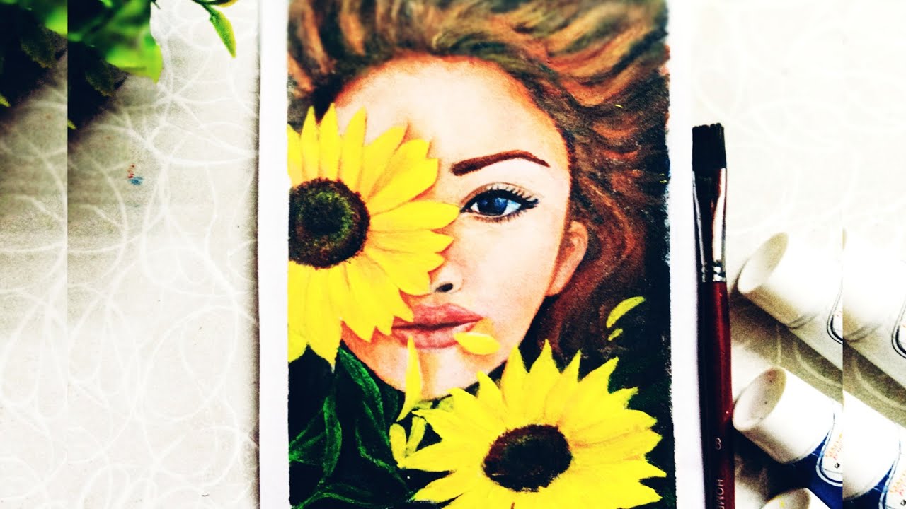 Acrylic painting easy | girl with sunflower | acrylic portrait painting