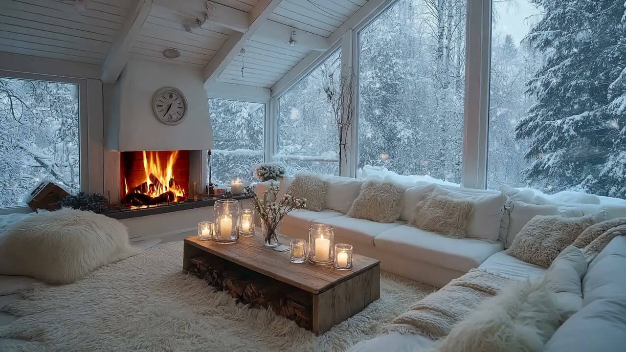 🔥🎹 Cozy Winter White Piano Lounge with Fireplace Glow and Floral Details for 3 Hours of Calm