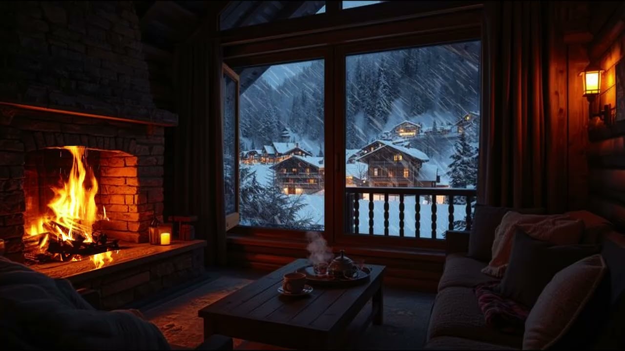 Snowy Cabin Ambience with Fireplace & Soft Piano | Deep Focus & Relaxation