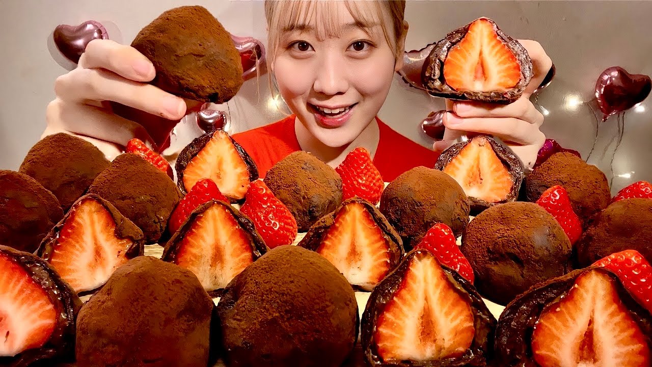 ASMR клубничный шоколад моти【русские субтитры】【Mukbang/ Eating Sounds】