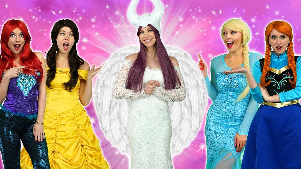 MALEFICENT TURNS GOOD. With Elsa, Belle, Ariel, Elsa, Rapunzel and Anna,