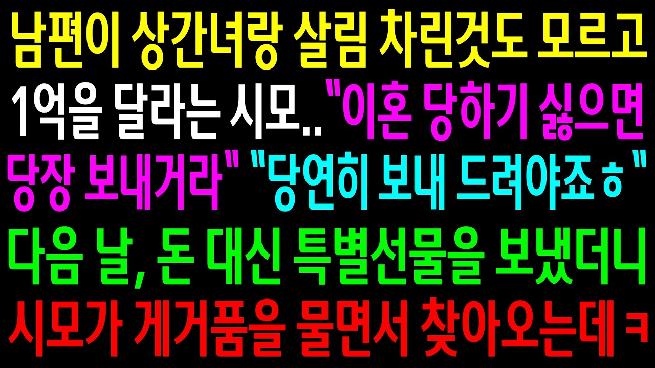 남편이 상간녀랑 살림 차린것도 모르고 1억을 달라는 시모..돈 대신 특별선물을 보냈더니 시모가 게거품을 물면서 찾아오는데ㅋ