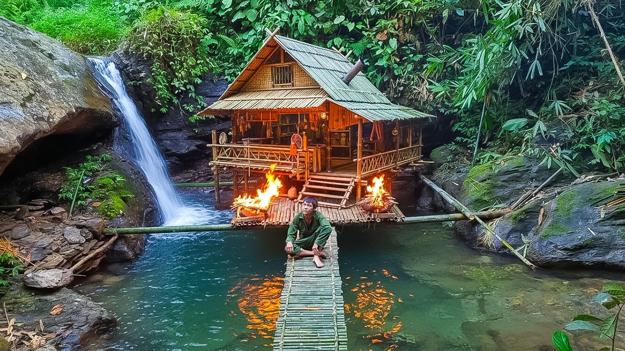 100 Days Building a Bamboo Shelter by the Waterfal - Solo Survival in the Deep Jungle