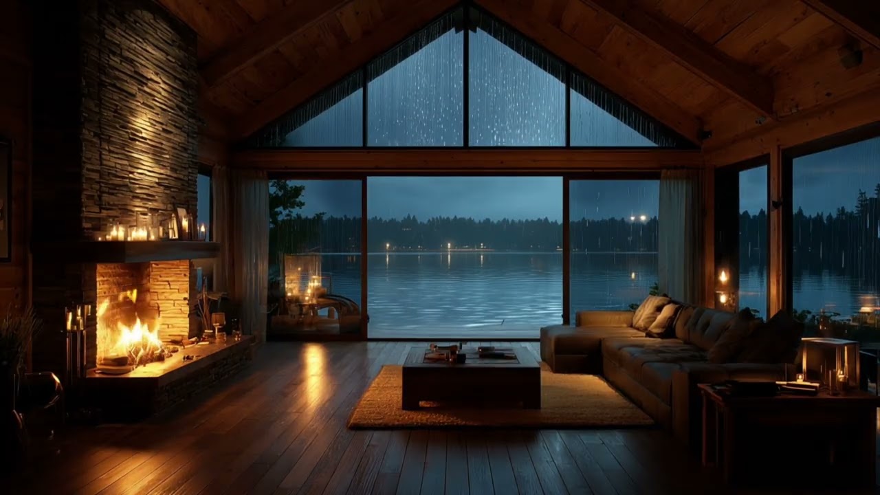 Rainy Night at a Luxury Lake House | Calm Fireplace Sounds