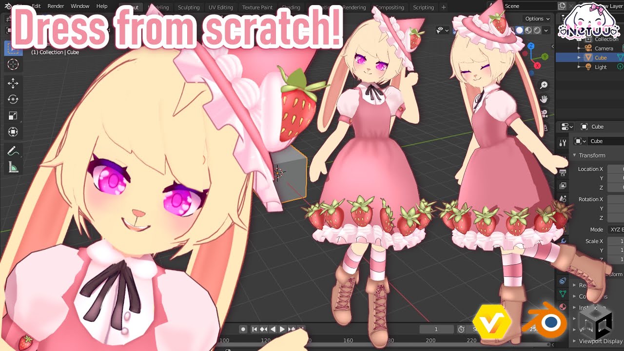 Making a DRESS from scratch! 🍓 | Blender Timelapse | VTuber 3D | Nefuu