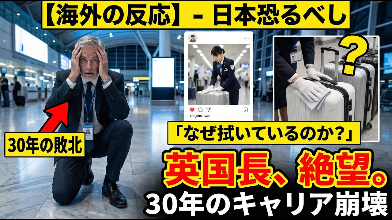 【海外の反応】「30年のキャリアが台無しになった」英国の空港長、日本の手荷物係員を見て絶望しひざまずく「なぜスーツケースを拭いているのか？」写真が世界に衝撃を与える。