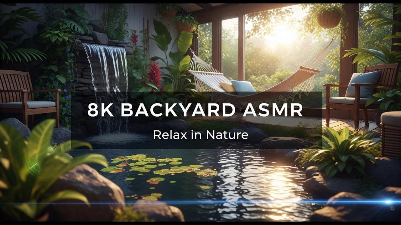 Relax and unwind with this ultra realistic 8K backyard video  Indoor and outdoor gardens.
