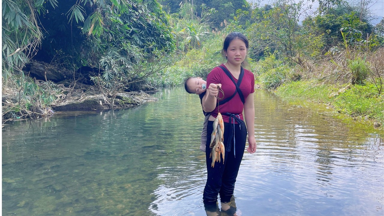 Daily life at the Bamboo House in the Forest with a 6-month-old baby - Fishing and Cooking