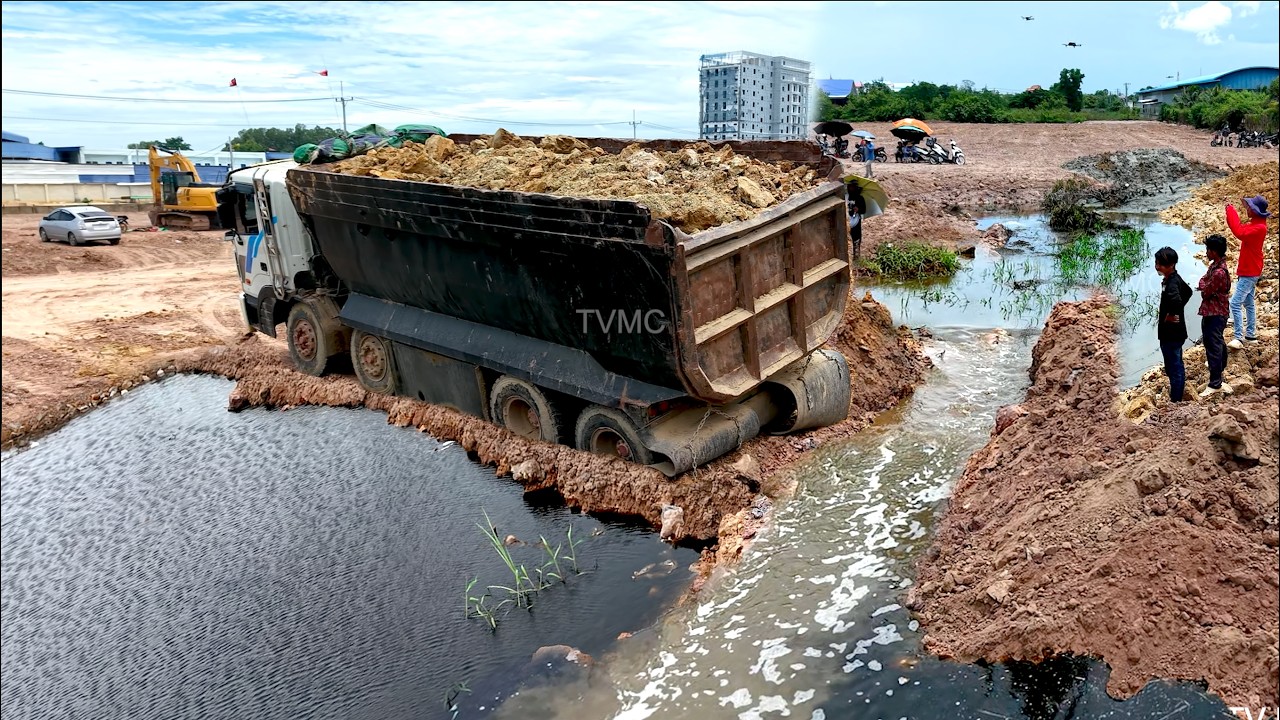 FULL Process Of Black Water Removal & Huge Pond Filling BY SHANTUI Dozer DH17C2 Pushing, Truck25T