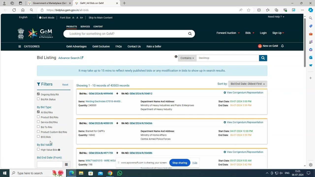 Searching Desktop PC bids on GEM portal
