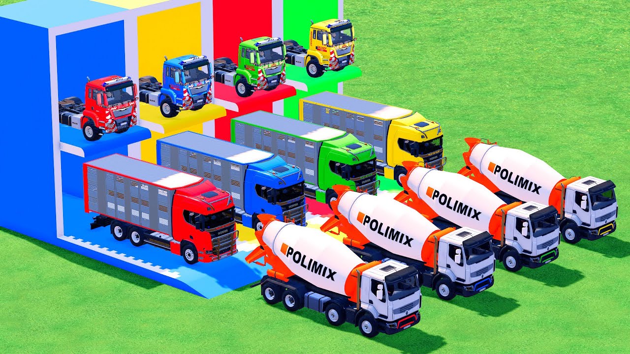 Garage with Colors - ALL MIXER TRUCK WITH DOUBLE FLATBED TRAILER TRUCK, MERCEDES, VOLVO, KOMATSU