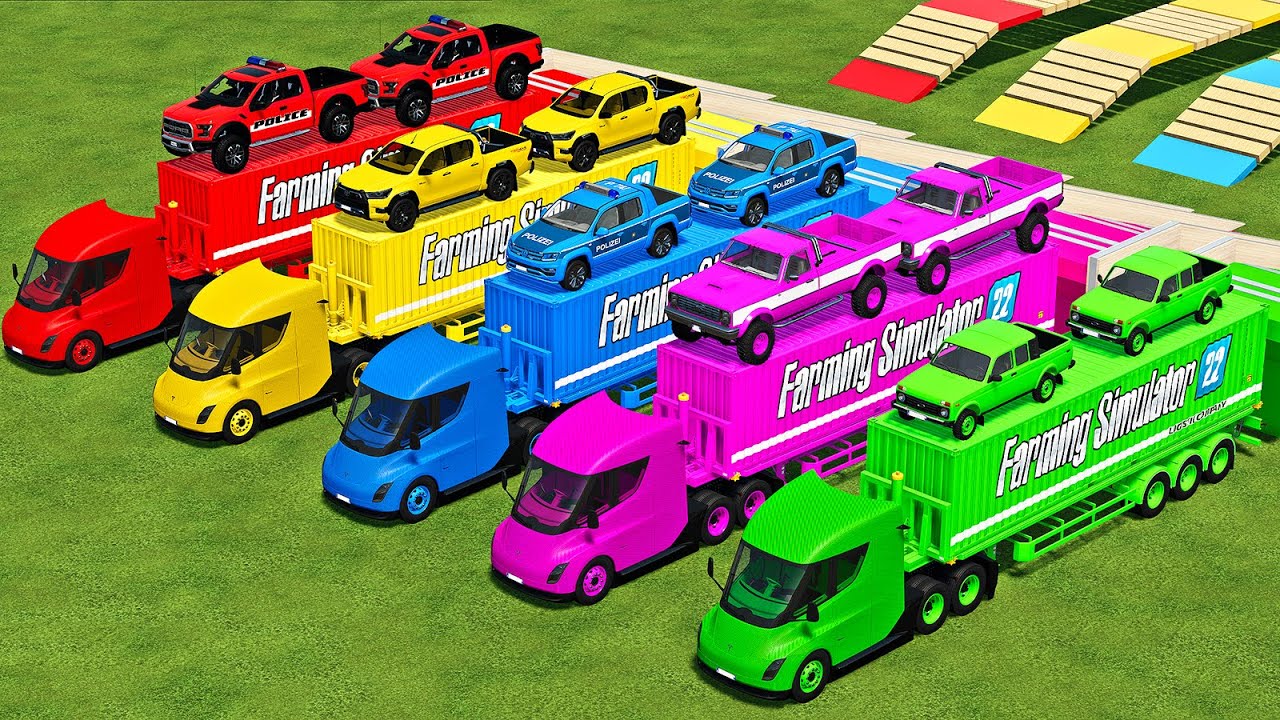TRANSPORTING TOYOTA, FORD, VOLKSWAGEN PICKUP CARS WITH TESLA TRUCKS - Farming Simulator 22
