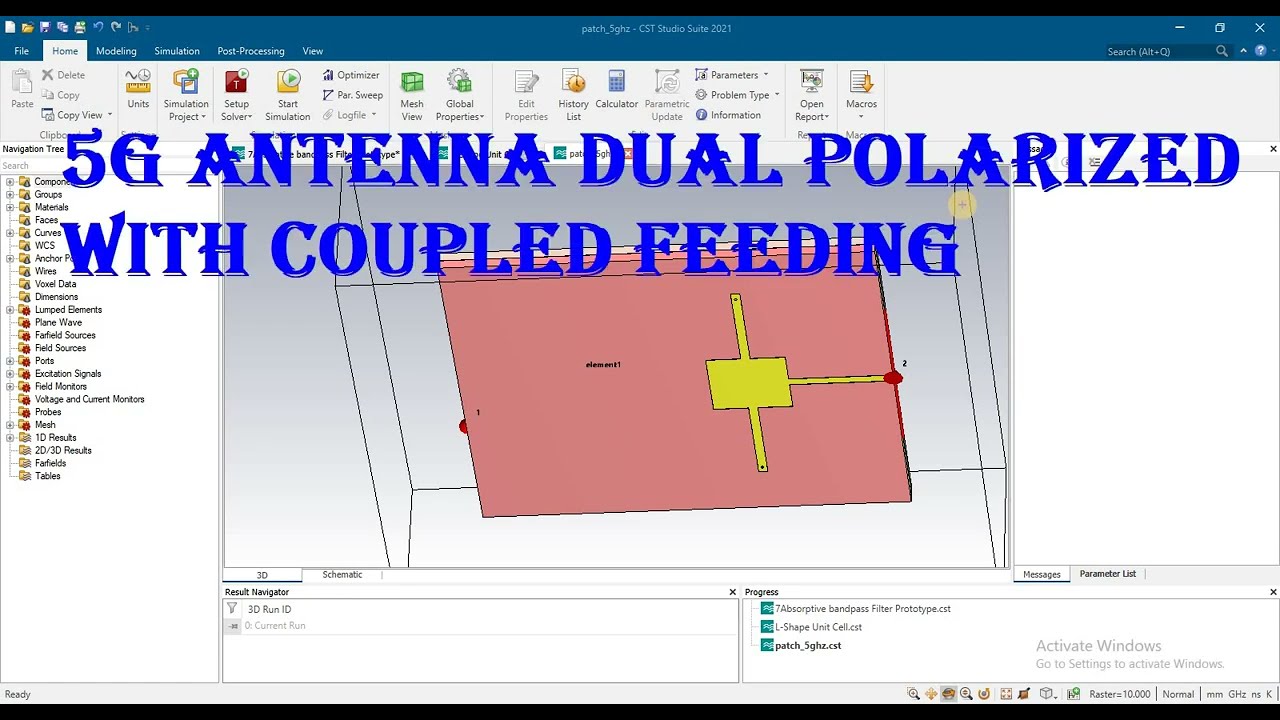 antenna dual feeding with 180 and 90 degree coupler design in cst, VNH CP in cst,