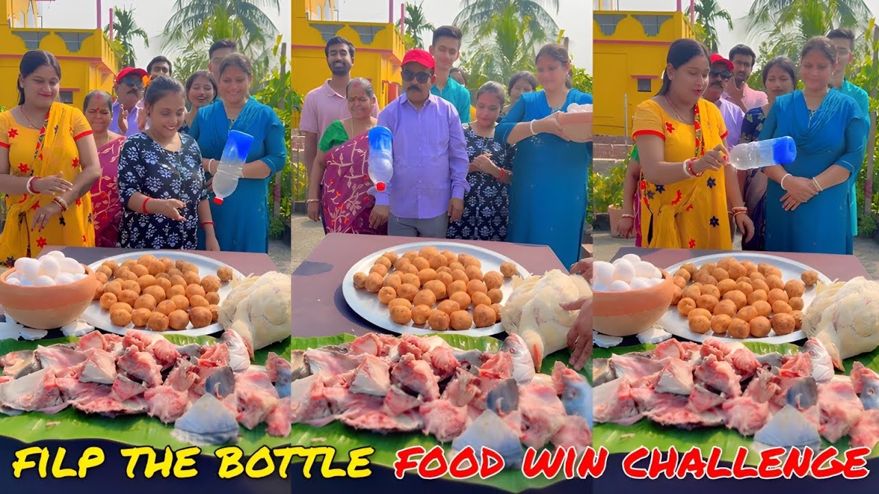 Flip The Bottle Win Chicken, Fish, Eggs & Potato Challenge 🤔| বোতল উল্টানোর খেলা/ SK Challenge Video
