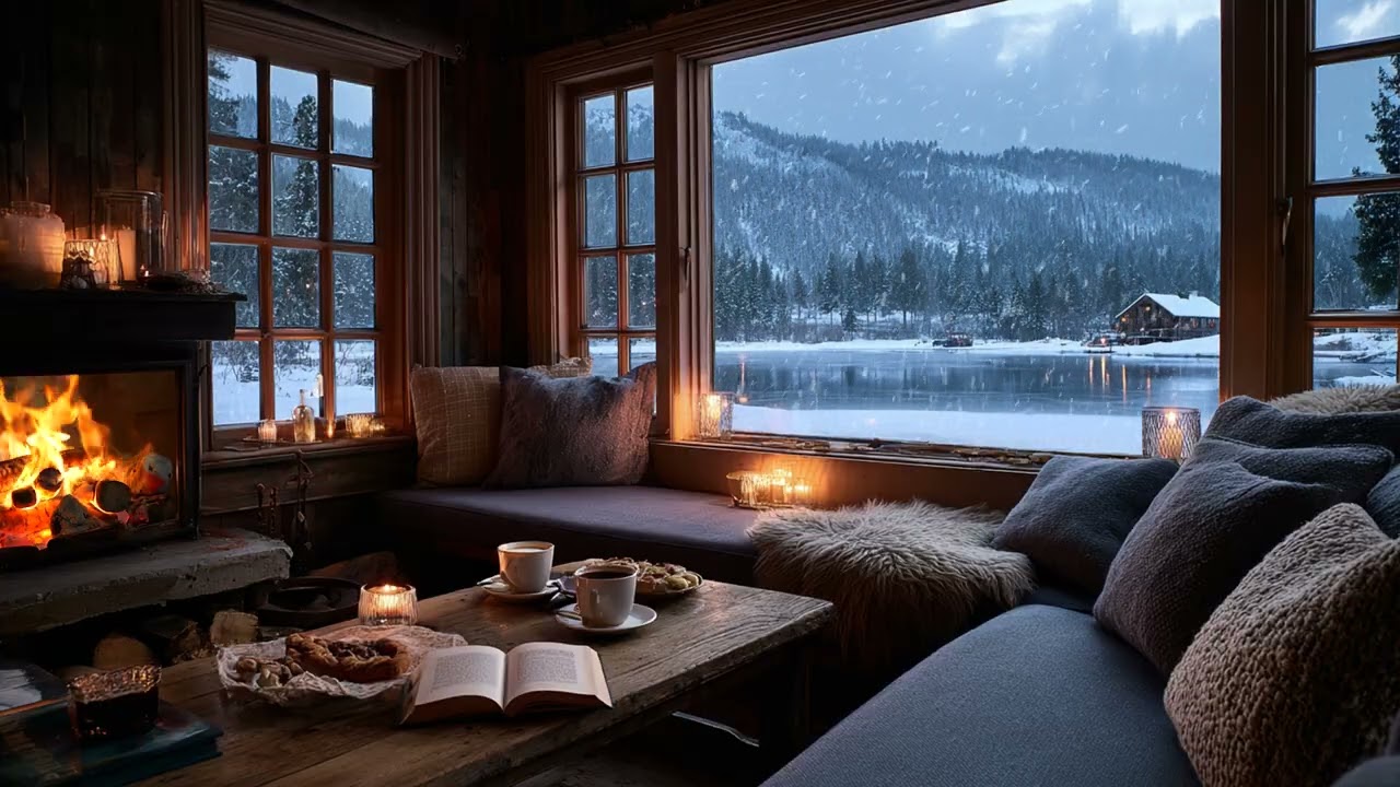 Dusk Over a Frozen Lake, Firelight in a Quiet Room | Calm Winter Night Ambience