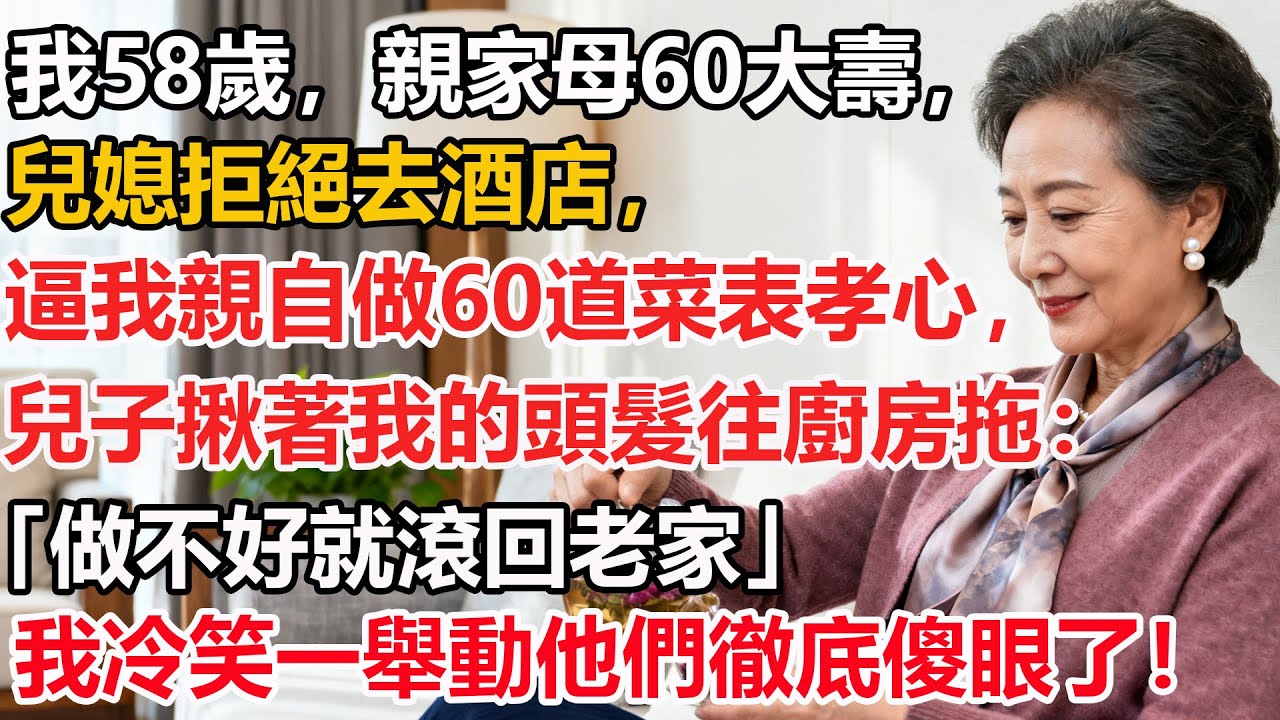 【我58歲】親家母60大壽，兒媳拒絕去酒店，逼我親自做60道菜表孝心，兒子揪著我的頭髮往廚房拖：「做不好就滾回老家」我冷笑一舉動他們徹底傻眼了！