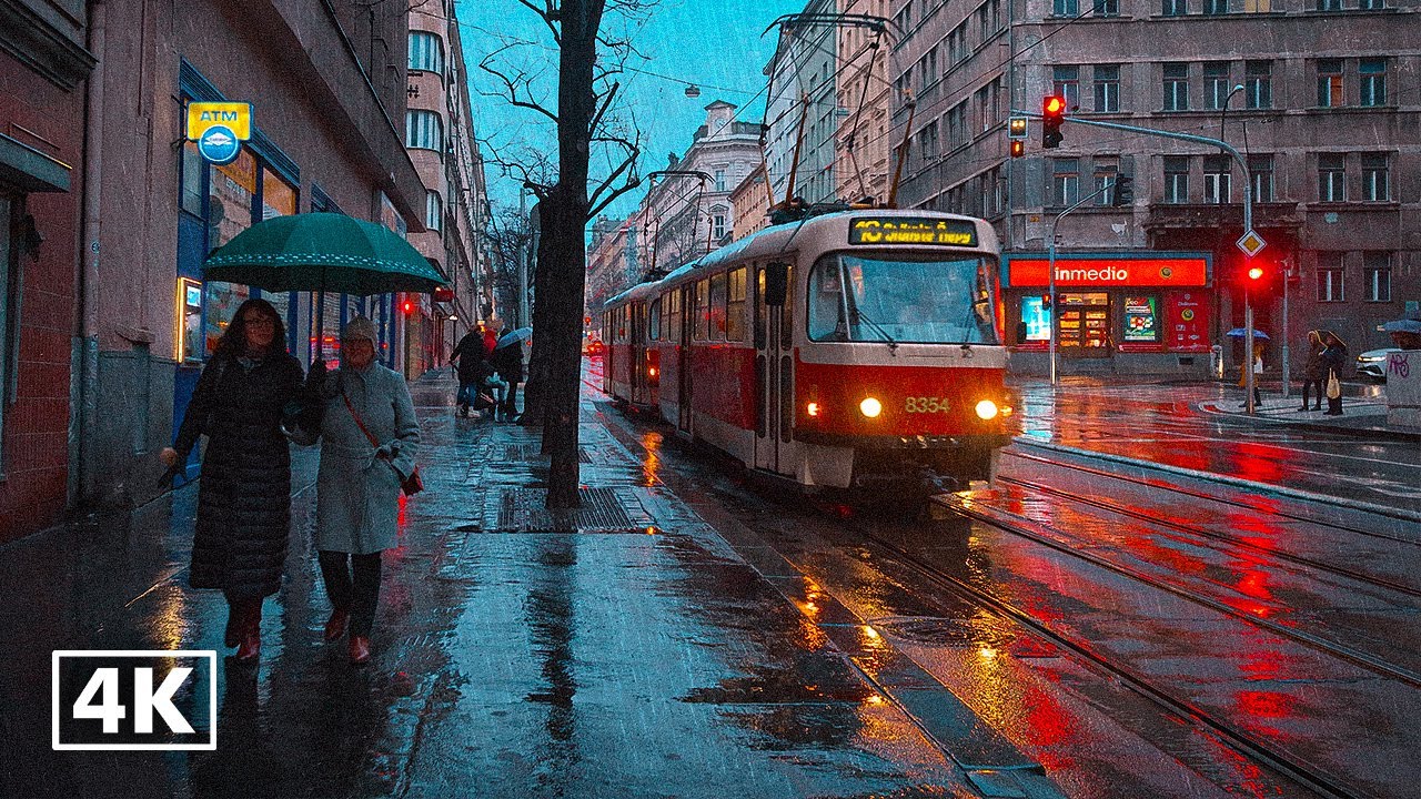 Heavy Thunderstorm in Prague City, Binaural Heavy Rain 4K
