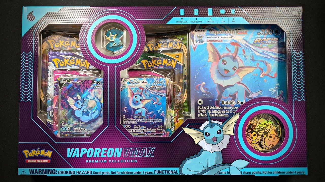 [4K]Pokemon TCG: Vaporeon VMAX Premium Collection Box Opening!!!