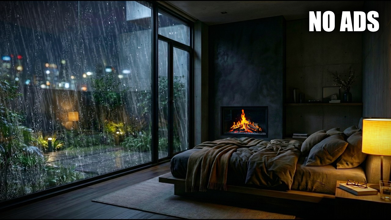 Rain Lashes a Dark Forest Cabin, Fireplace Flickers Warmly | Insomnia Relief & Sleep