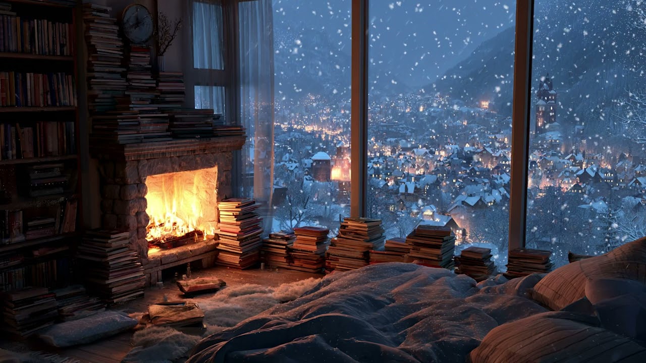 Peaceful Snowy Cabin Evening | Warm Fire Sounds and Gentle Snow for Restful Sleep