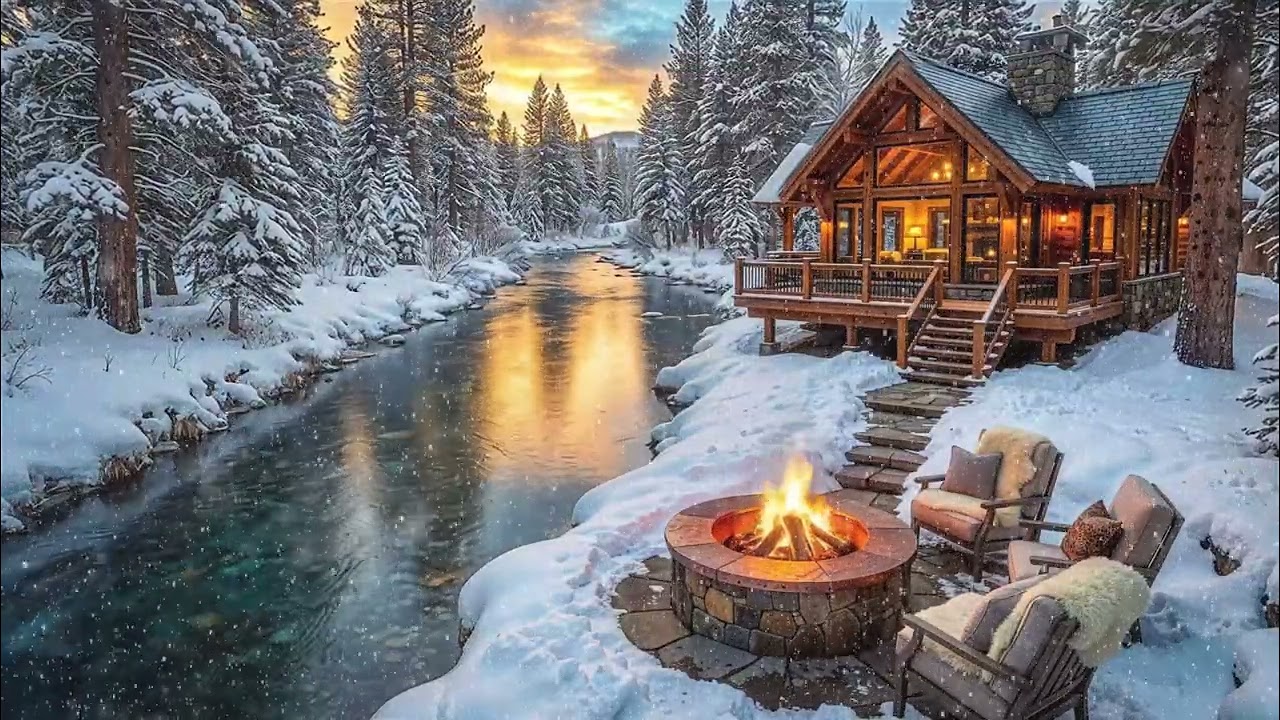 🔥 Cozy Winter Cabin Ambience ❄️ Fireplace by the River | ASMR for Sleep, Relax & Study