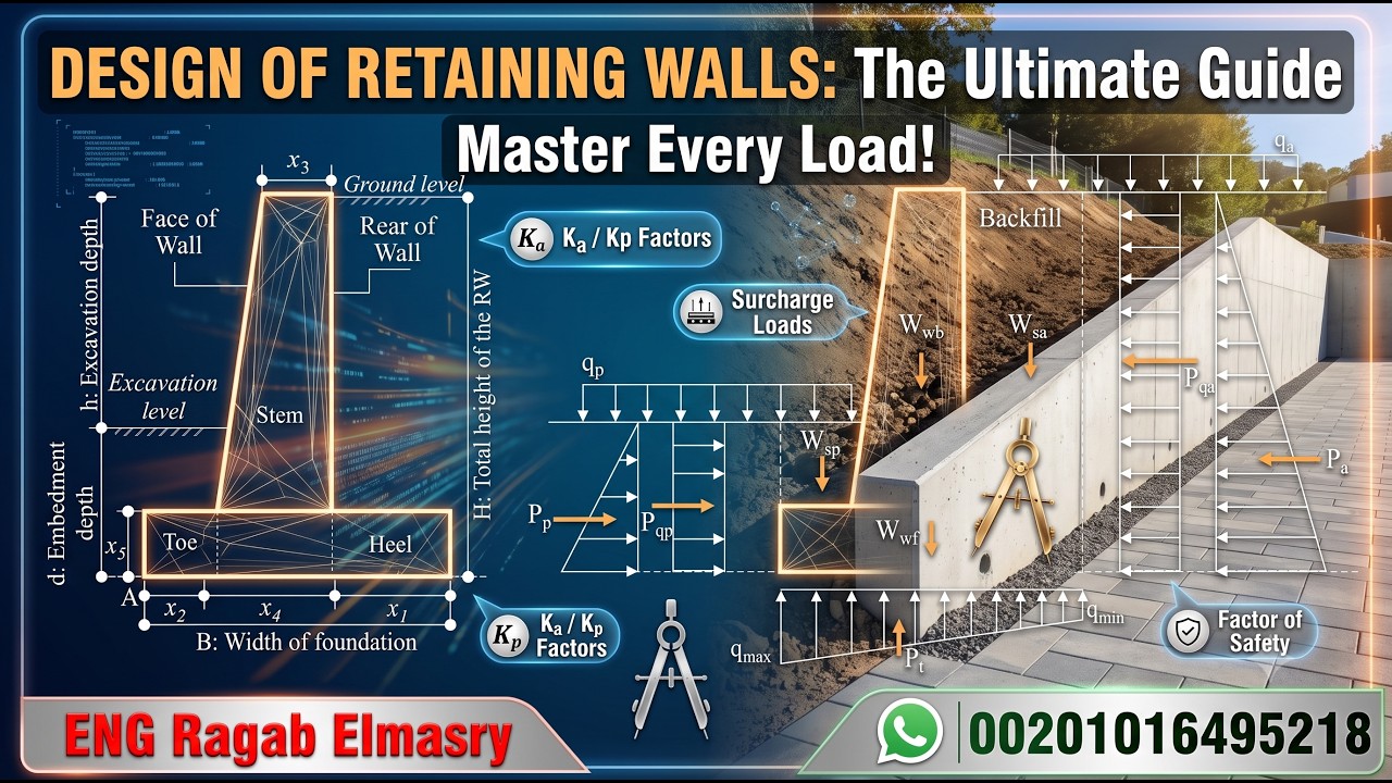 Design of Retaining walls 9 مثال علي تصميم الحوائط الساندة