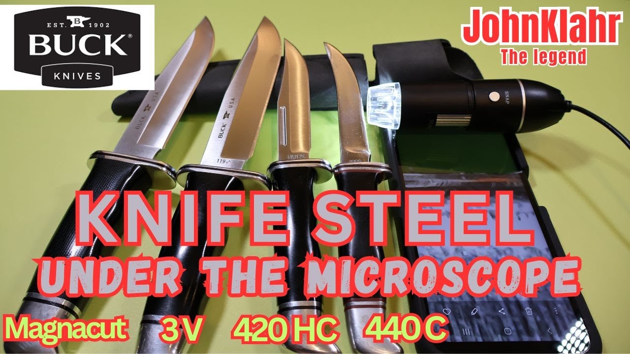 Buck Knife Collection under the microscope. Buck 119 in Magnacut and 3V,  Buck Brahma 117 in 420 HC