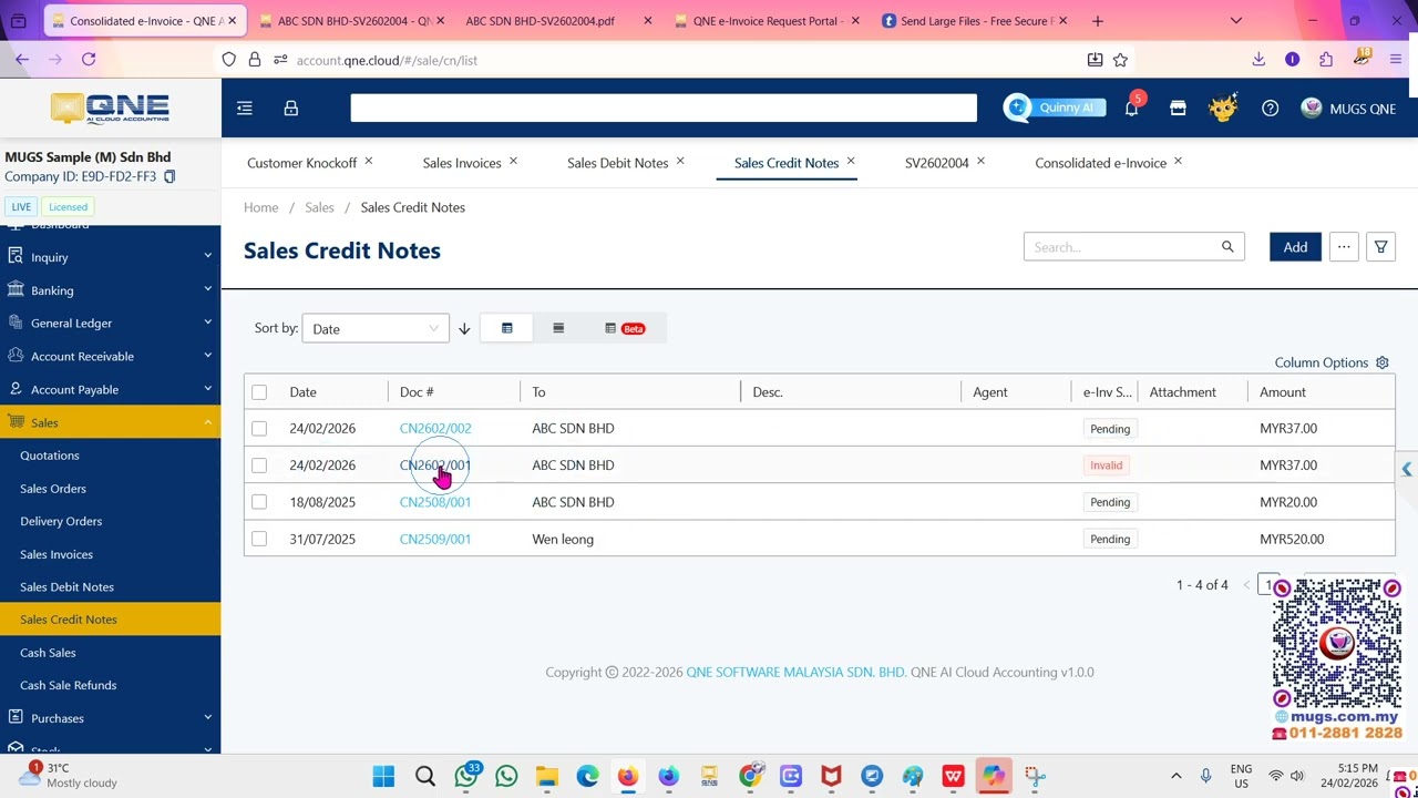 how to cancel Sales Credit notes in QnE Cloud