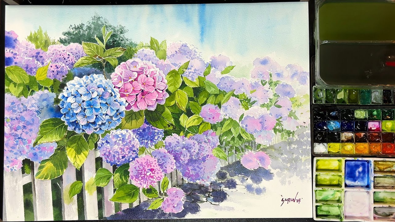 수국 수채화 그림 그리기