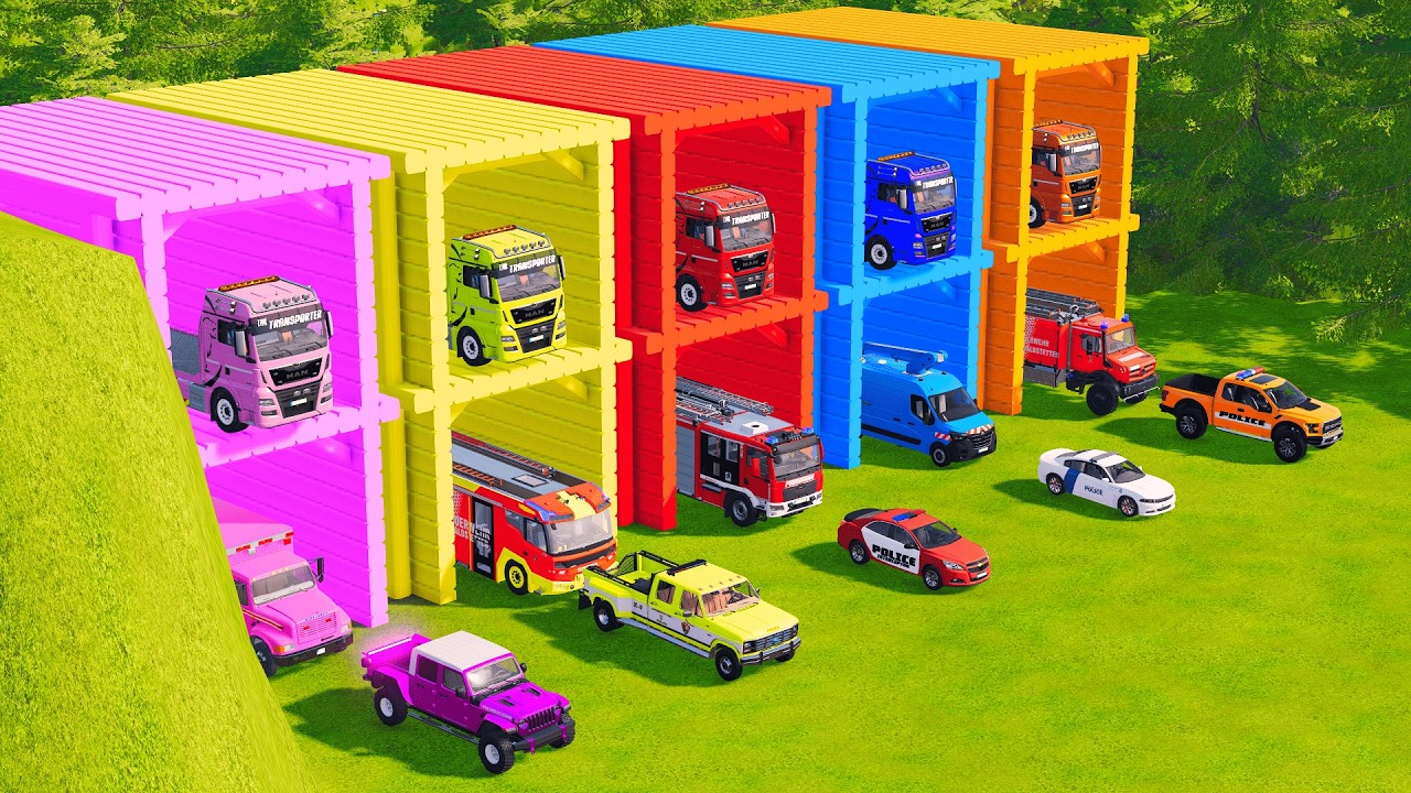 TRANSPORTING CARS, AMBULANCE, POLICE CARS & COLORFUL FIRE RESCUE TRUCKS WITH TRUCKS MOTORCYCLES FS22