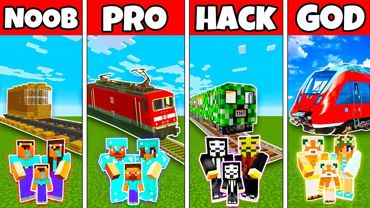 Amazing Minecraft Creation: Family Train Station Challenge - Noob vs Pro vs Hacker vs God