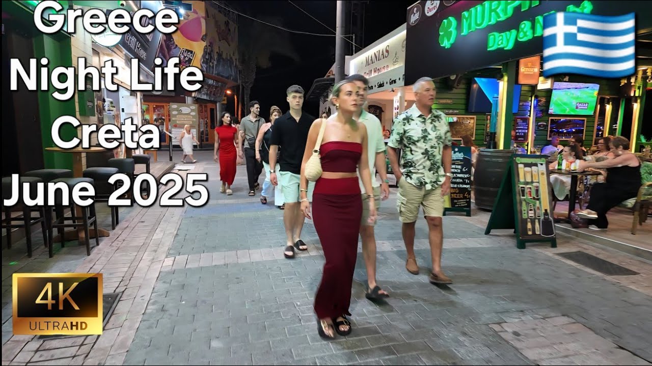 Greece Nightlife 2025: Hersonissos, Crete | 4K Ultra HD Walkthrough