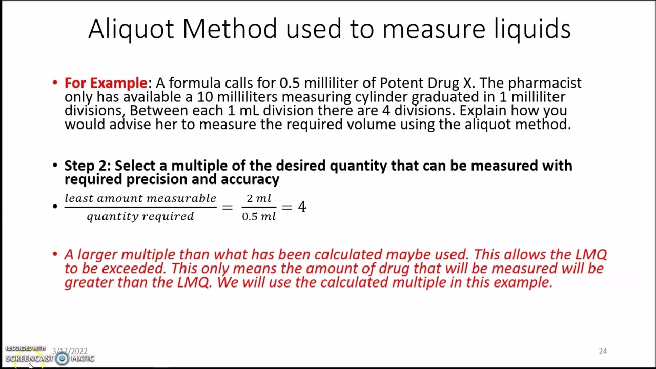 Aliquot Method of measuring small volumes of liquids