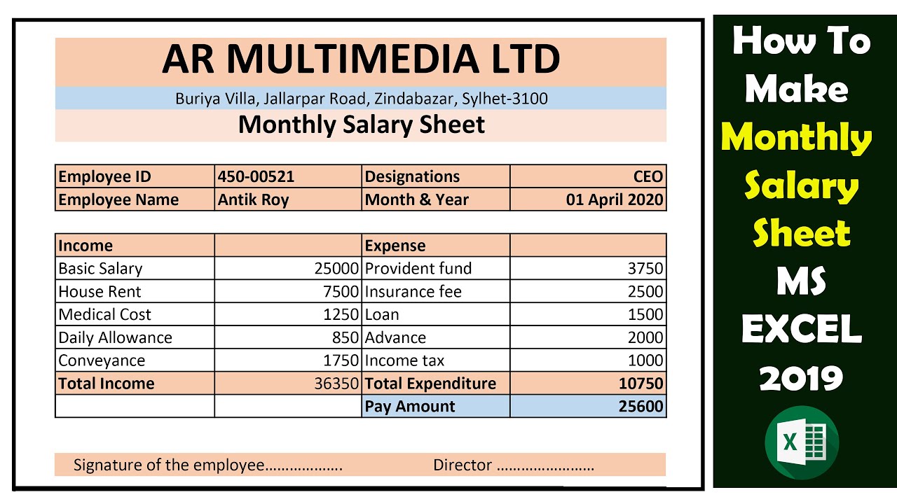 Excel Monthly Salary Slip |Salary Sheet in Advance Formula| Salary Slip|Salary Sheet Bangla Tutorial