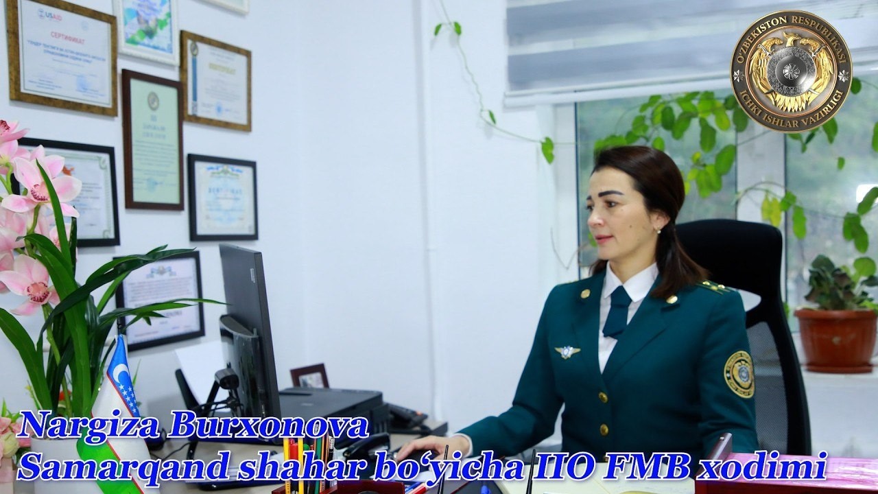 Kasbini sharaf bilan ado etayotgan Samarqand shahar boʻyicha IIO FMB xodimi Nargiza Burxonova
