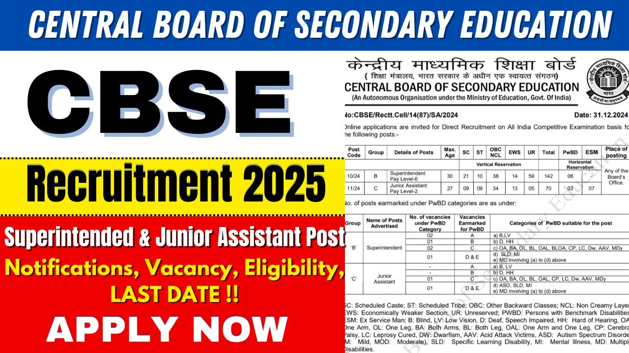 CBSE Recruitment 2025: Junior Assistant & Superintendent Jobs | Eligibility, & Application Process!