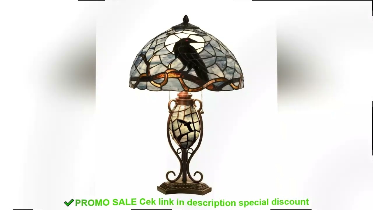 L10954 Raven Sitting on Bare Tree Branch in Full Moon Night Tiffany Style Stained Glass Table Lamp f