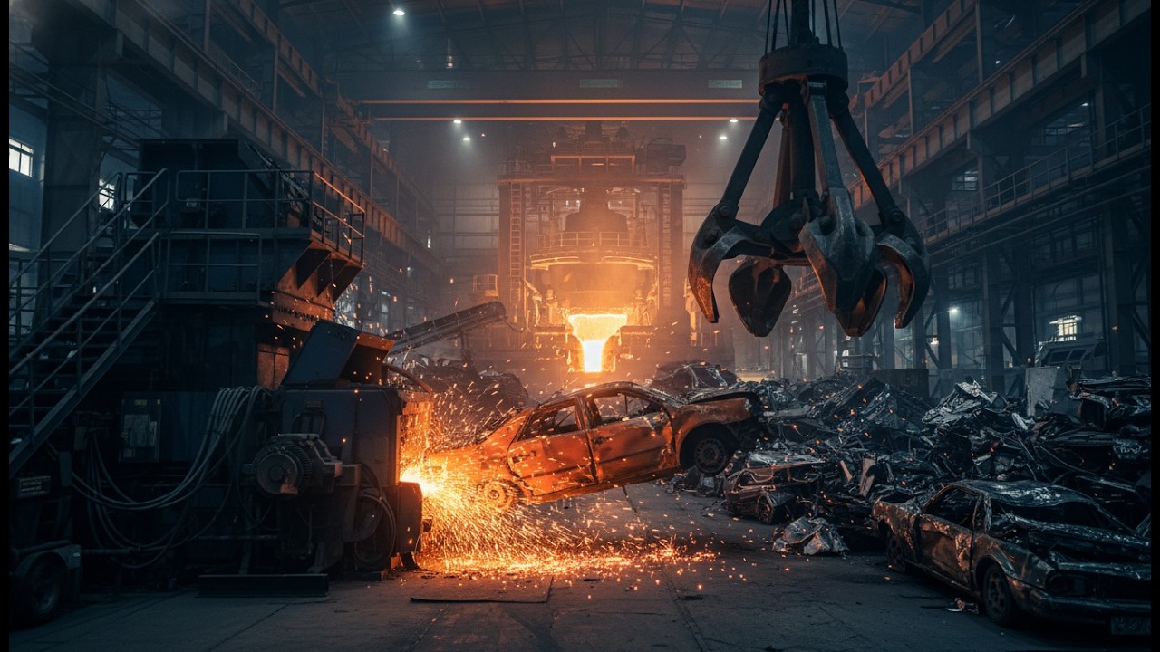 inside a car recycling factory turning scrap into new steel industrial tech