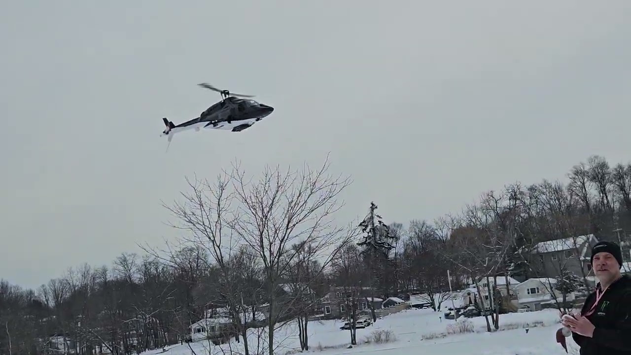 Flying airwolf over a frozen lake.