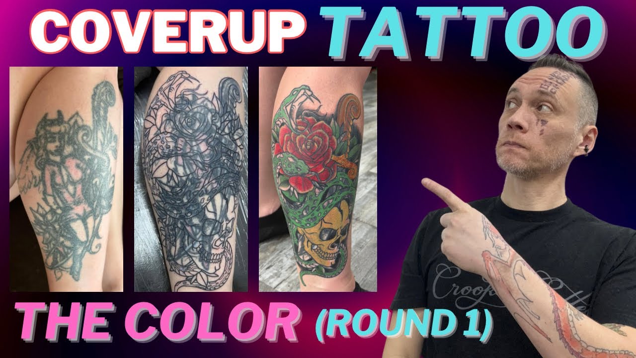 Coverup Tattoo with Snakes, Rose, Skull & Dagger | First Round of Color (Tattoo Process + Tips)