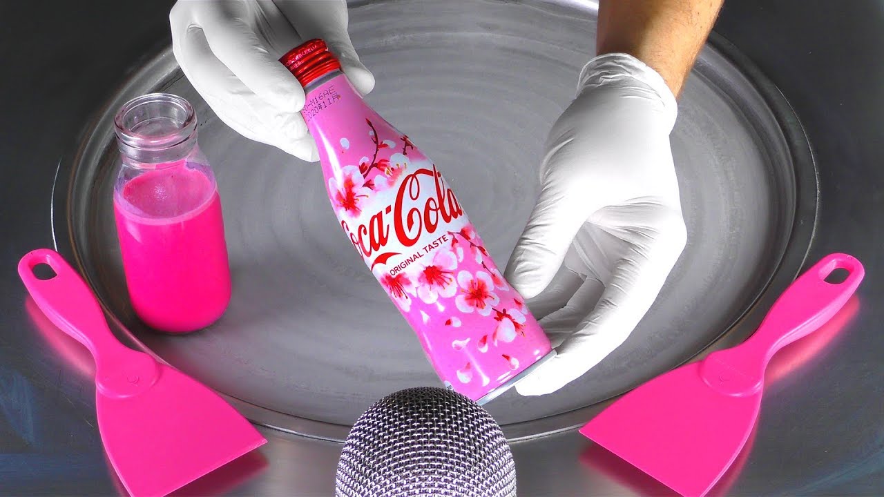 ASMR - Pink Sakura Coca Cola Ice Cream Rolls | oddly satisfying crushing Sounds - fast rough ASMR 4k