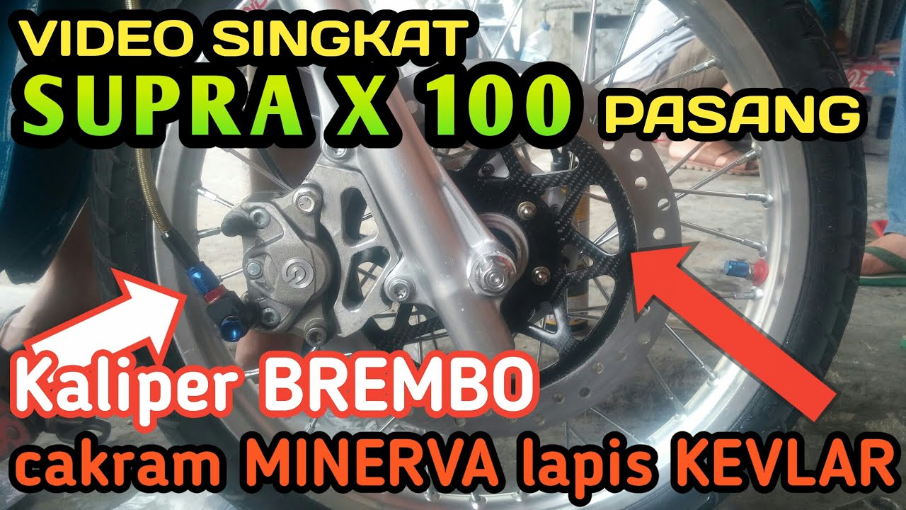 Pasang kaliper BREMBO replika dan piringan cakram MINERVA lapis KEVLAR, di Supra X 100 #modelomotor
