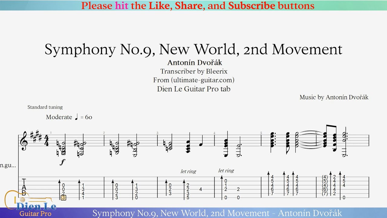 Symphony No.9, New World, 2nd Movement - Antonín Dvořák - for Classical Guitar with Tab
