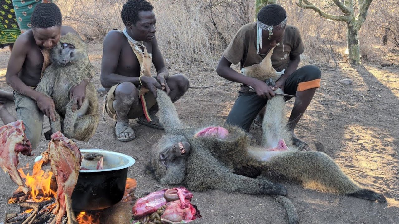 Discover Hadzabe Tribe Hunting Baboon & Cooking Lunch 😋||Delicious Hunters Meal