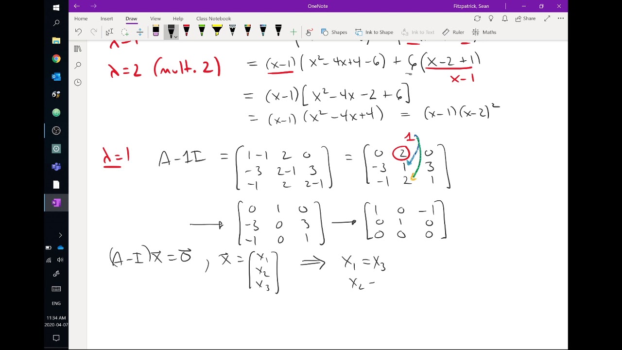 Eigenvalues and eigenvectors: 3x3, non-diagonalizable